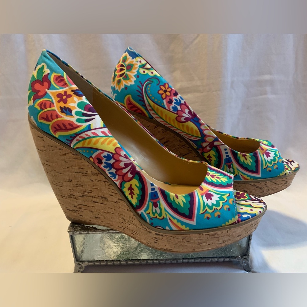 Vibrant Multicolor Floral Print Cork Wedge Heels